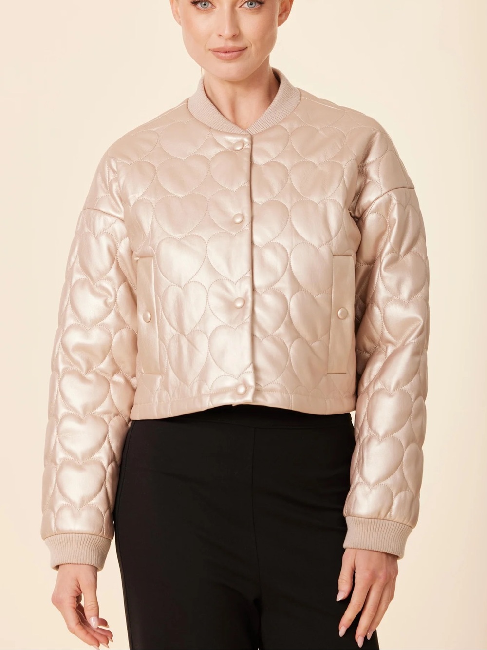 Quilted Metallic Champagne/Rose Gold Heart Bomber Jacket